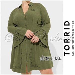 Torrid Outlander Green Dragonfly Mini Bell Sleeve Collared Shirt Dress 1X 14 16